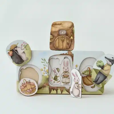 puzzle en bois famille lapin et son terrier