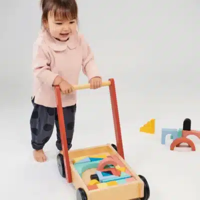 Jouet en bois : chariot de marche + cubes en bois