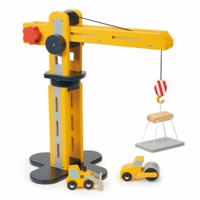 Jouet en bois : grue + 2 véhicules de chantier