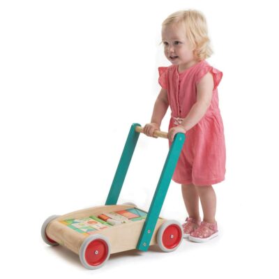 Jouet en bois : chariot de marche + cubes en bois